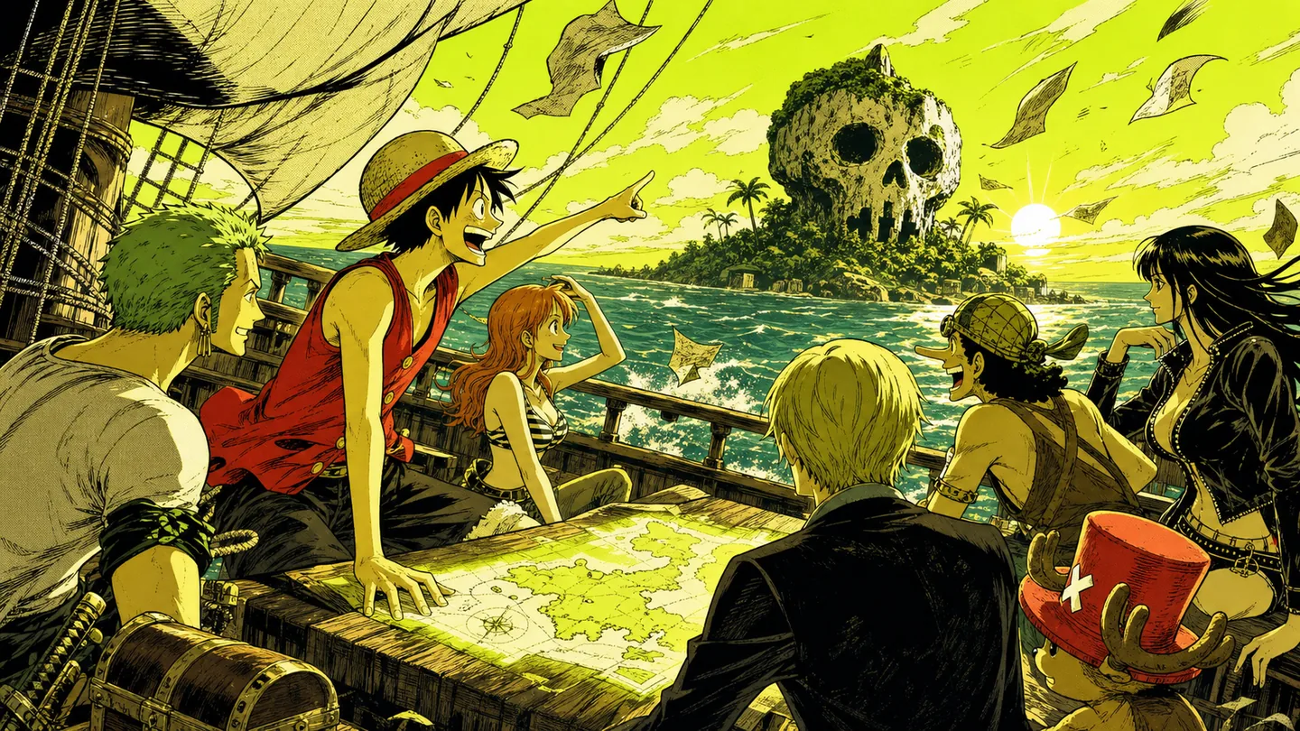 Pirate crew studying a treasure map while approaching a mysterious island